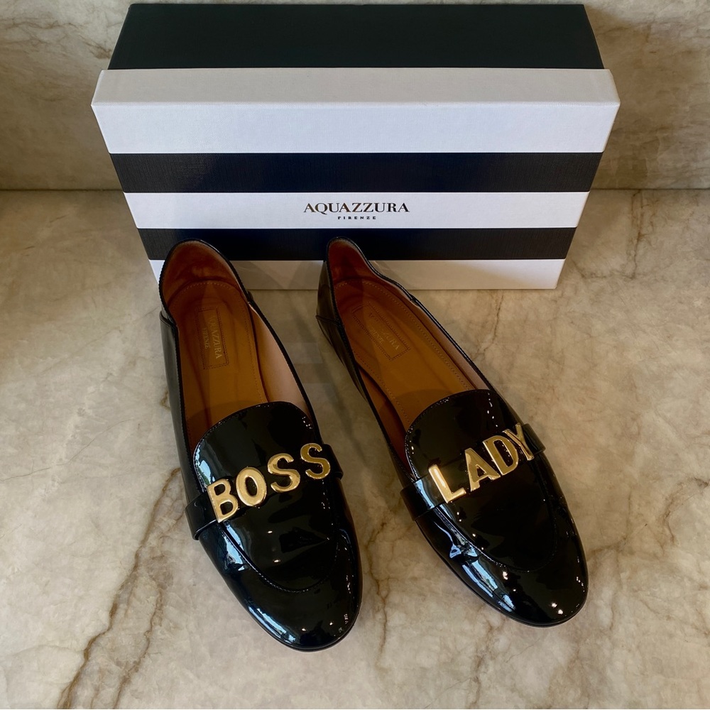 Aquazzura Boss Lady Black Patent Leather Loafers with gold hardware